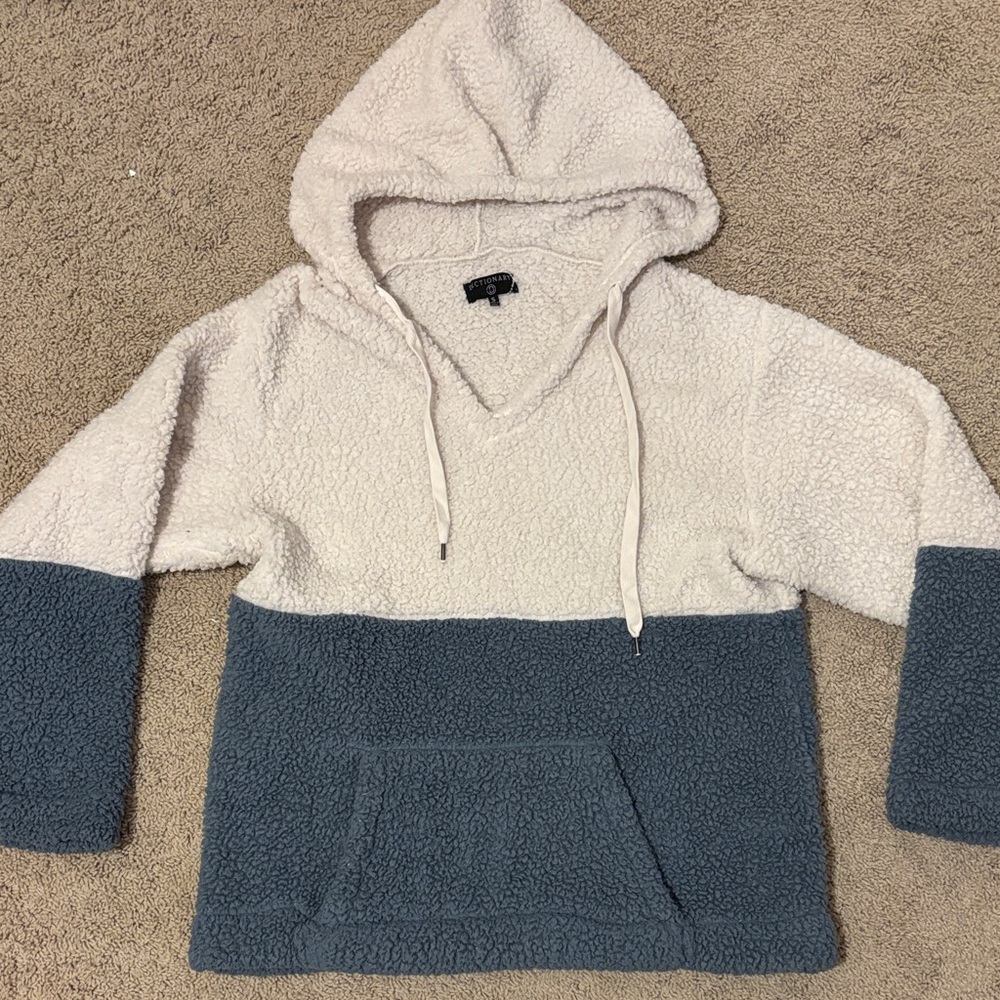 White and Blue Sherpa Fleece Pullover Hoodie